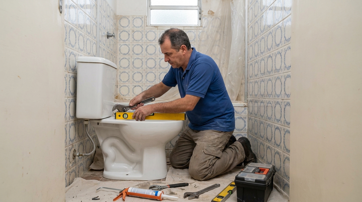 Técnico instalando vaso sanitário em Brasília‑DF